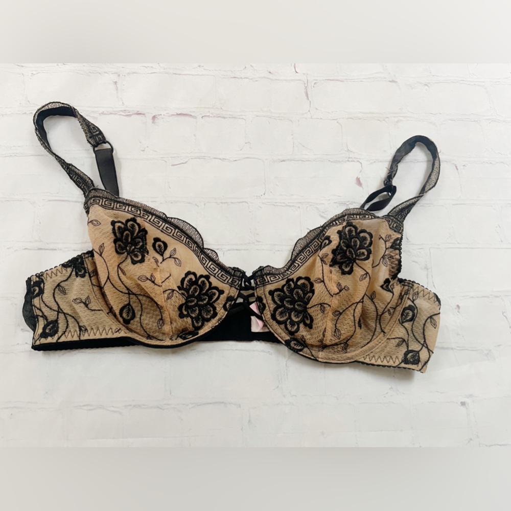 Victoria’s Secret unlined demi bra sheer nude black Greek key embroidered 36C
